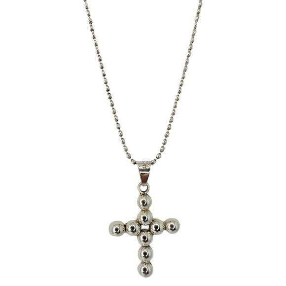 Taxco Mexico Cross Pendant Necklace 16" 925 Sterling Silver Christian Ball - Picture 4 of 13
